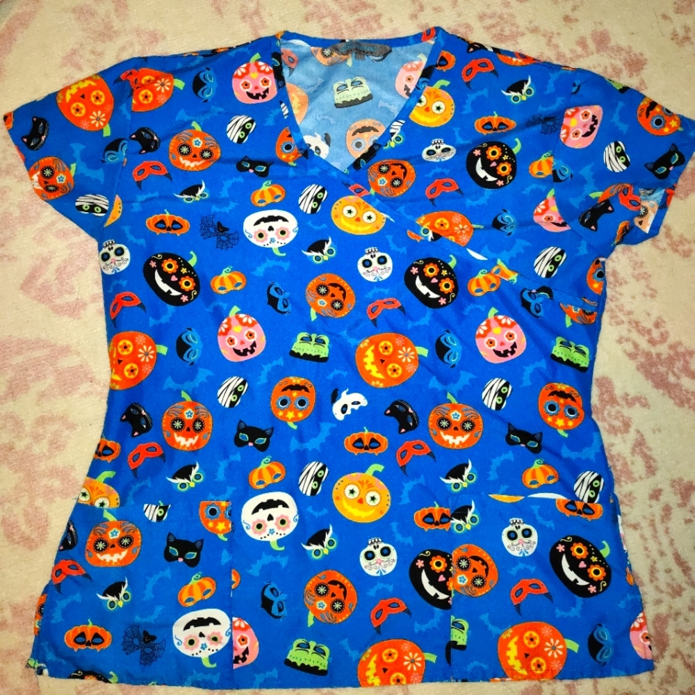 Blue Halloween Scrub Top: Size Large